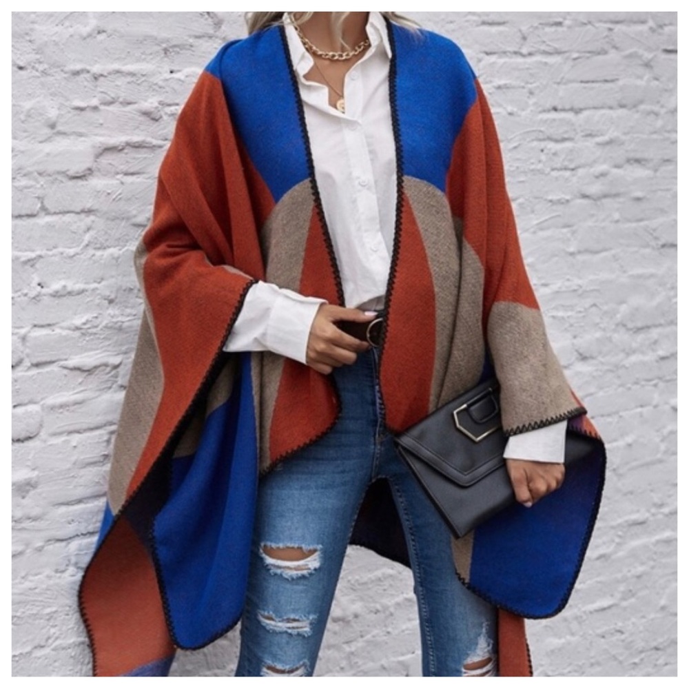 Fall/Winter Oversized Color Block Boho Poncho Shawl - Picture 5 of 5